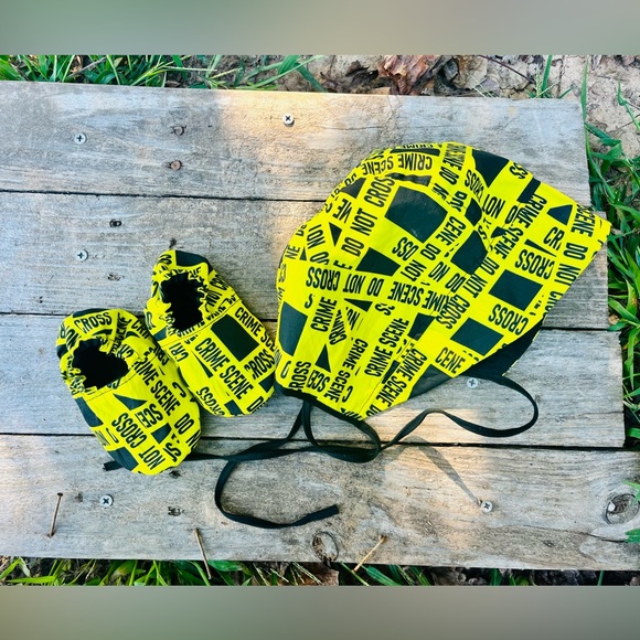 “Crime Scene - Do Not Cross” Baby Bonnet and Booties Set - Picture 2 of 3